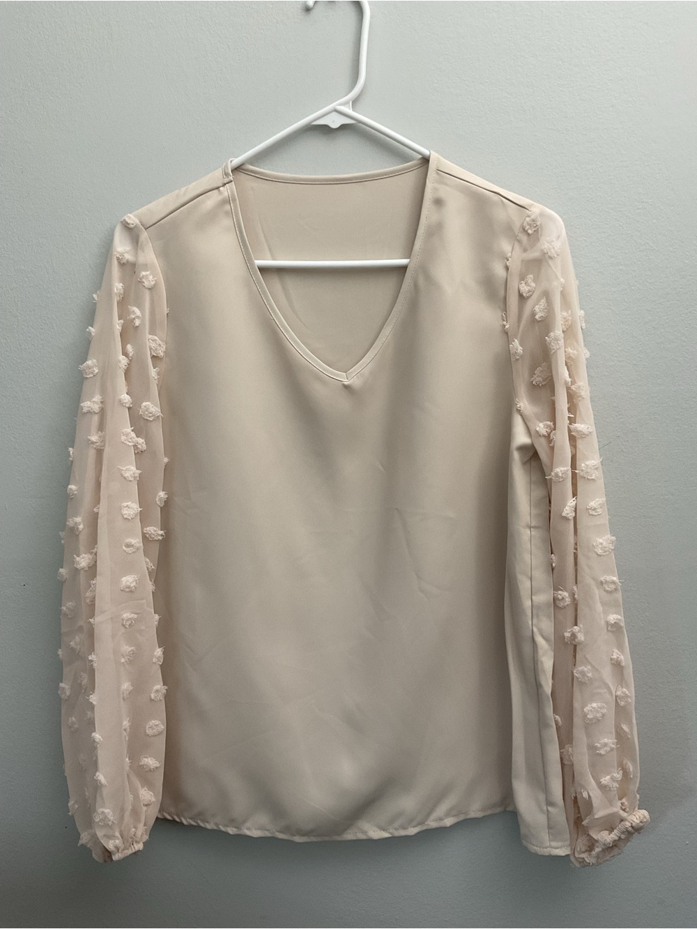 SHEIN Cream V-Neck Blouse with Textured Sheer Sleeves